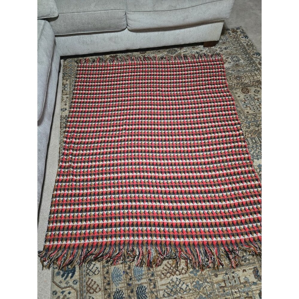 Vintage 100 Percent Virgin Wool Aztec Blanket 72x50 W/tassels Good Condition